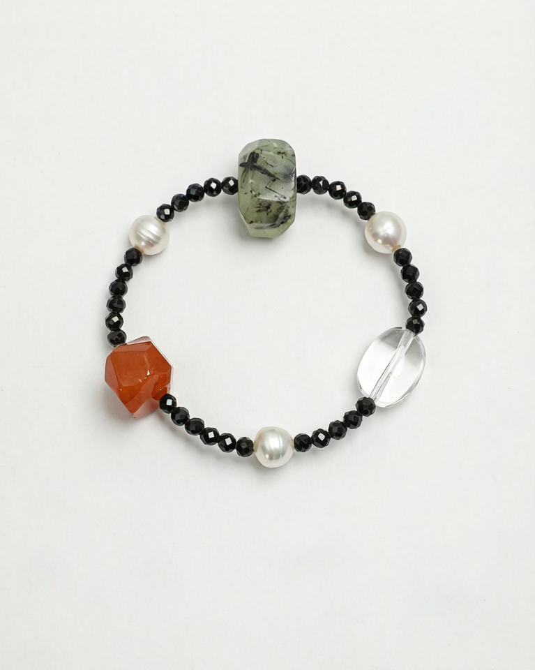 PS2508019-1 SANSUN Clear Quartz Red Agate Prehnite Black Tourmaline Bracelet - EMF Protection & Abundance - Image 1