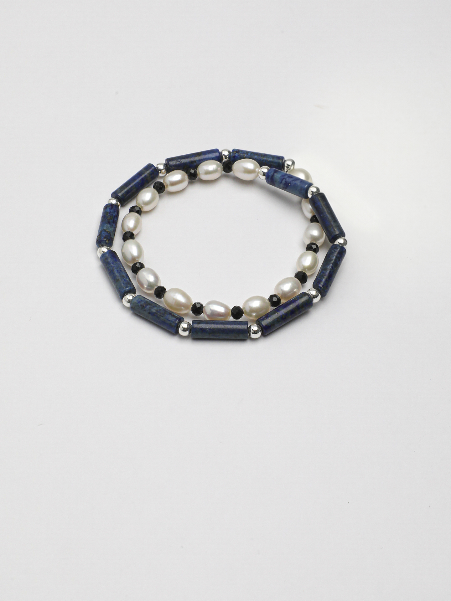 PS2508027-1 SANSUN Lapis Lazuli Black Tourmaline Double Strand Bracelet - Protection & Lunar Energy - Image 1