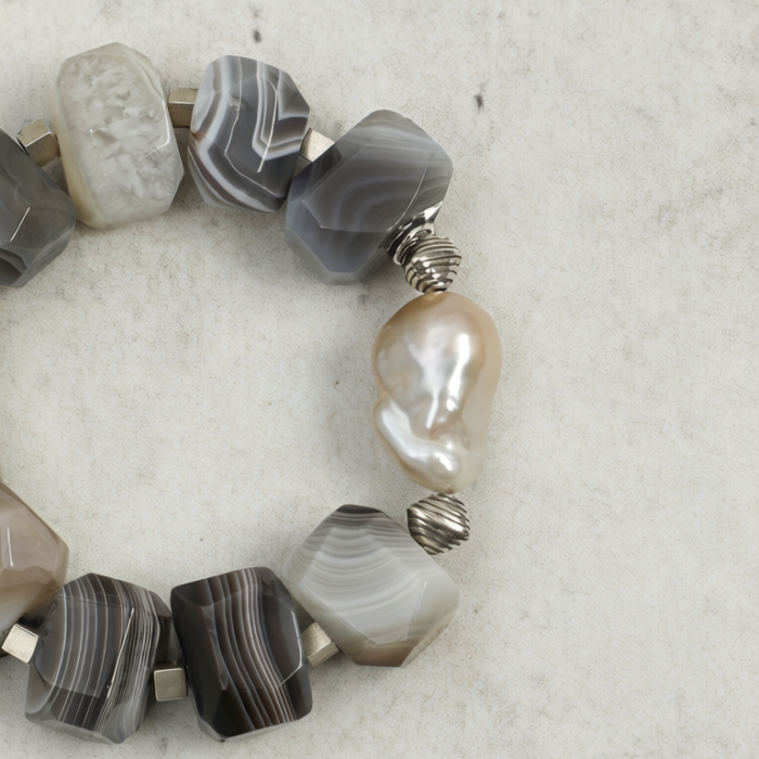 SANSUN Baroque Pearl Persian Agate Antique Silver Bracelet - Unique High End Designer - Image 7