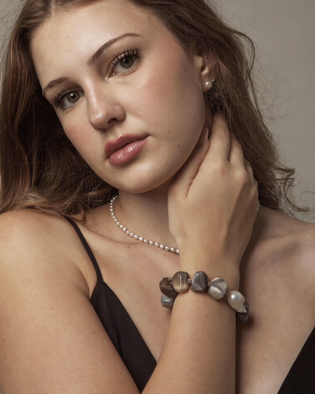 SANSUN Baroque Pearl Persian Agate Antique Silver Bracelet - Unique High End Designer