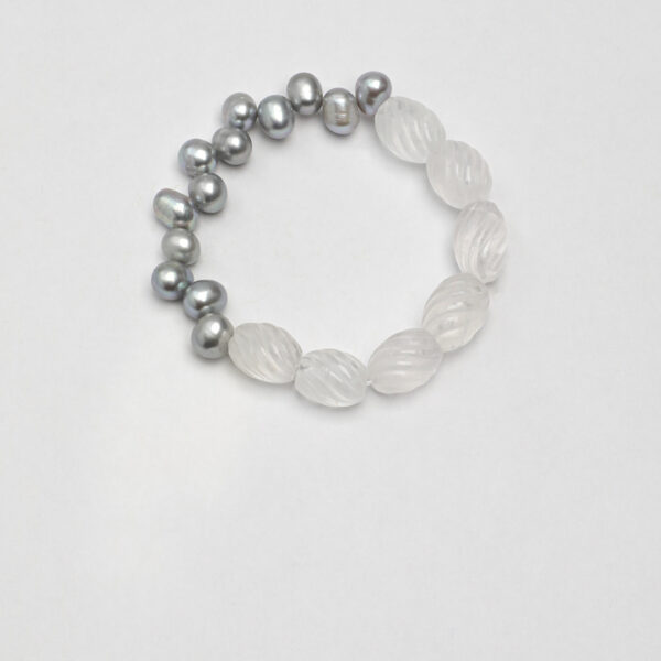SANSUN Clear Quartz Twisted Bead Grey Pearl Bracelet - Meditation Clarity & Ethereal Energy
