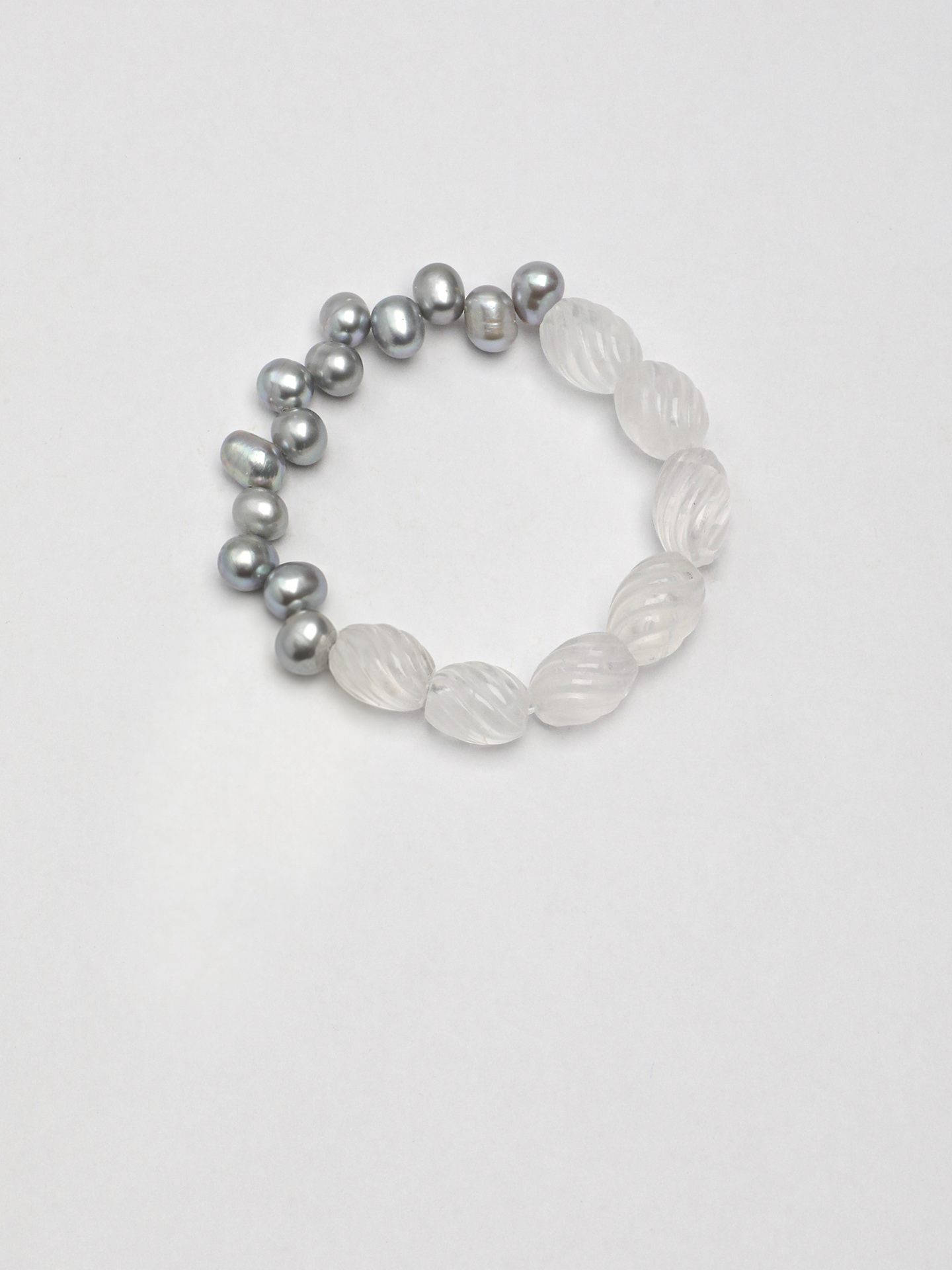 PS2508039-1 SANSUN Clear Quartz Twisted Bead Grey Pearl Bracelet - Meditation Clarity & Ethereal Energy - Image 1