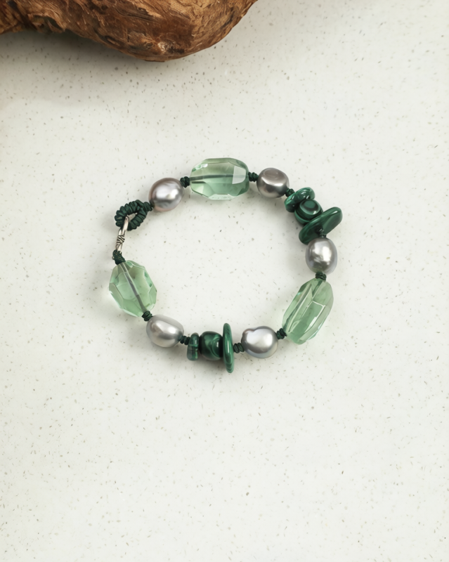 SANSUN Malachite Green Fluorite Grey Pearl Bracelet - Detox & Heart Healing
