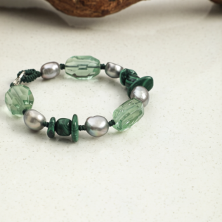 SANSUN Malachite Green Fluorite Grey Pearl Bracelet - Detox & Heart Healing
