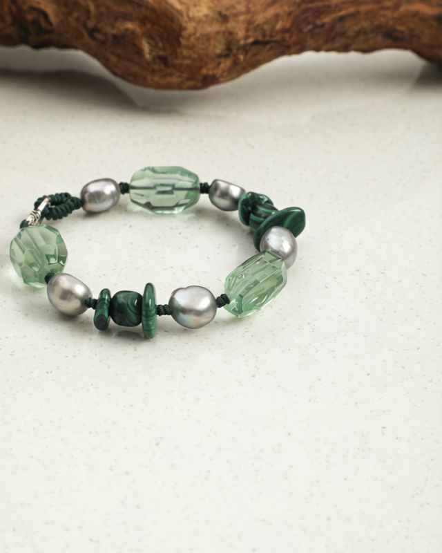 SANSUN Malachite Green Fluorite Grey Pearl Bracelet - Detox & Heart Healing
