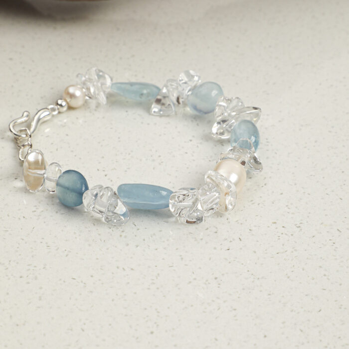 SANSUN Aquamarine Clear Quartz Crushed Ice Bracelet - Throat Chakra & Daily Calm - Image 3