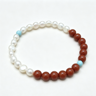 Chinese Style Contrast Beaded Bracelet - Freshwater Pearl, Red Agate & Turquoise