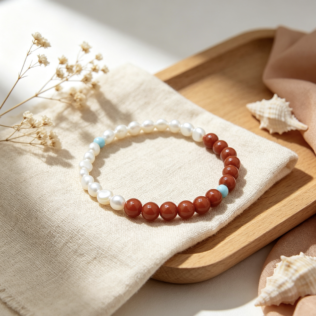Chinese Style Contrast Beaded Bracelet - Freshwater Pearl, Red Agate & Turquoise