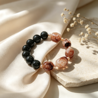 Contrast Crystal Bracelet – Red Hematoid Quartz, Green Hair Crystal & Freshwater Pearl