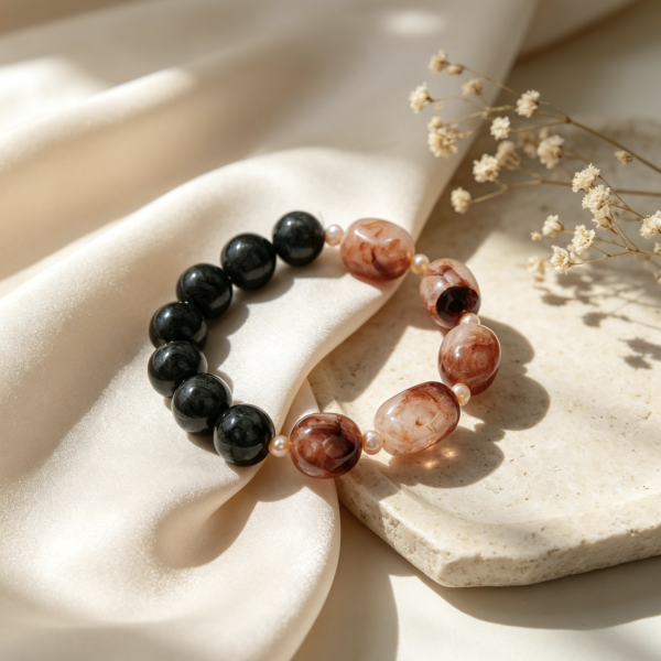 Contrast Crystal Bracelet – Red Hematoid Quartz, Green Hair Crystal & Freshwater Pearl