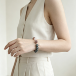 Contrast Crystal Bracelet – Red Hematoid Quartz, Green Hair Crystal & Freshwater Pearl - Image 4