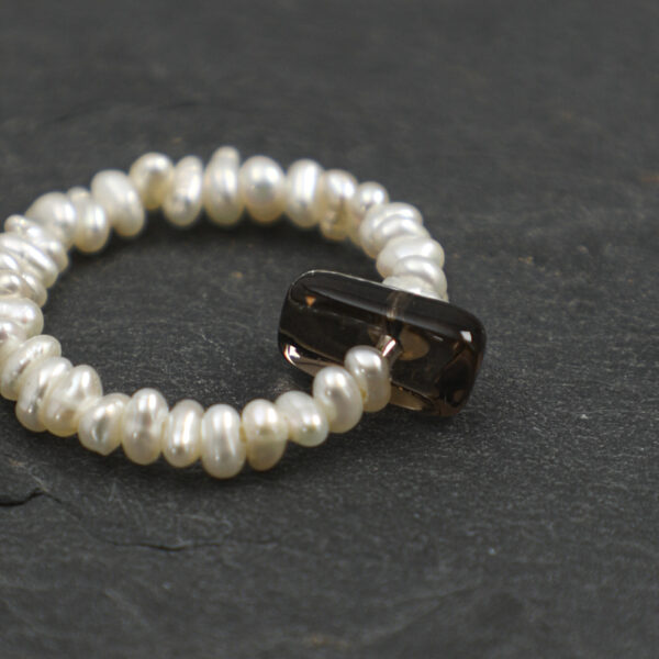 Flat Pearl & Smoky Quartz Column Ring (Earth Element)